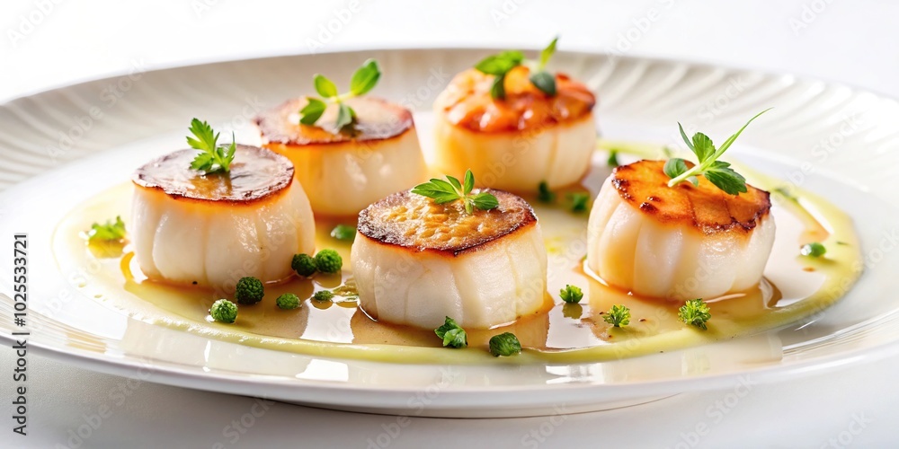 Delicious meal of reflected scallops in Michelin star restaurant on white plate, white background Delicious meal of reflected scallops in Michelin star restaurant on white plate, white background