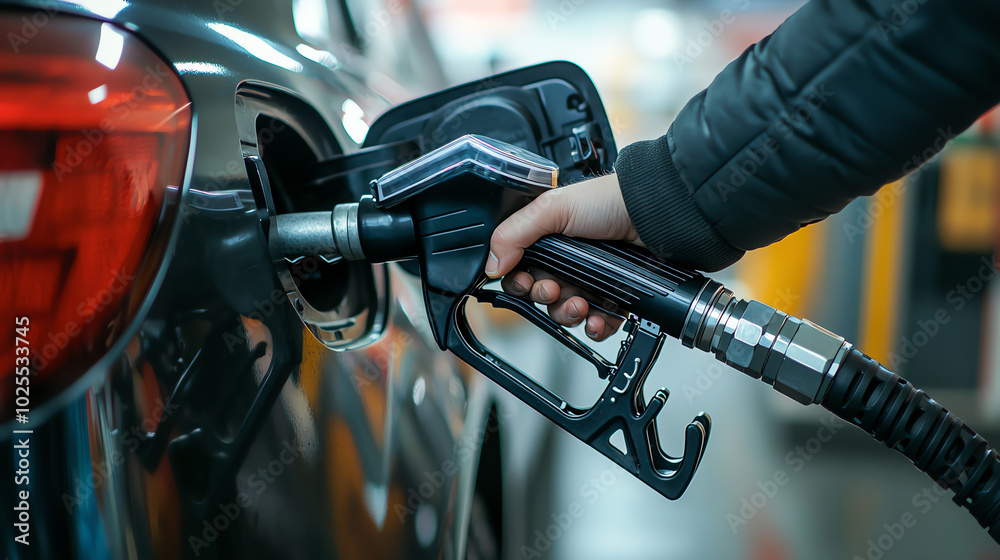 A closeup image of a fuel nozzle inserted into a car s gas tank at a modern gas station A closeup image of a fuel nozzle inserted into a car s gas tank at a modern gas station