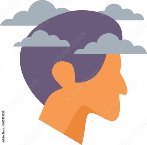 Illustration of the profile of a man with a raincloud over his head, representing sadness, depression and negative thoughts