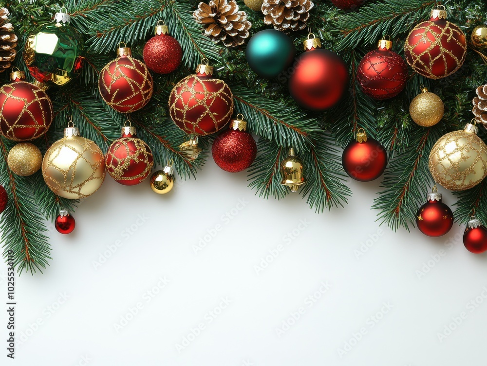 Elegant Christmas Decoration with Red and Gold Ornaments, Fir Branches, and Pine Cones for Festive Holiday Season Aesthetic Elegant Christmas Decoration with Red and Gold Ornaments, Fir Branches, and Pine Cones for Festive Holiday Season Aesthetic