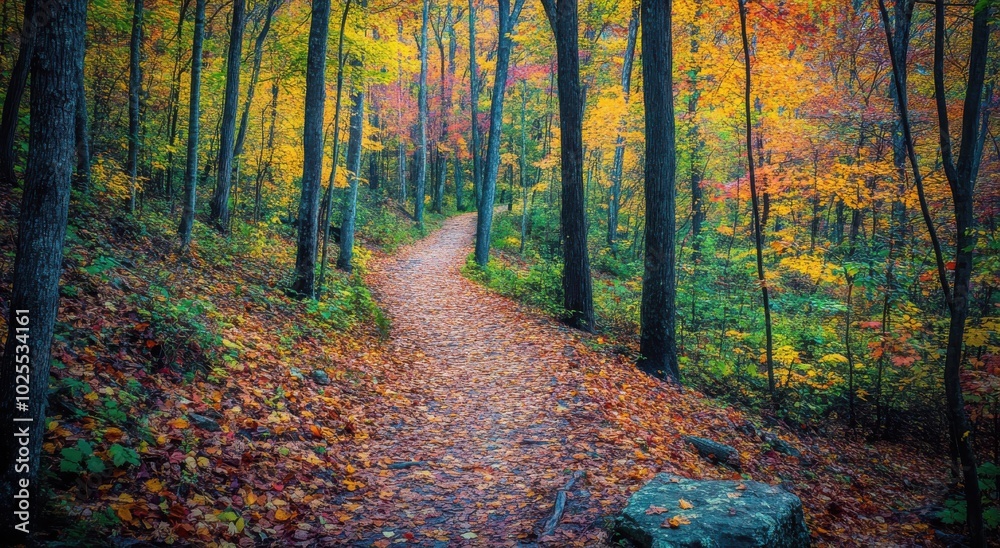 A scenic autumn forest path lined with vibrant fall foliage, creating a serene and colorful landscape. A scenic autumn forest path lined with vibrant fall foliage, creating a serene and colorful landscape.