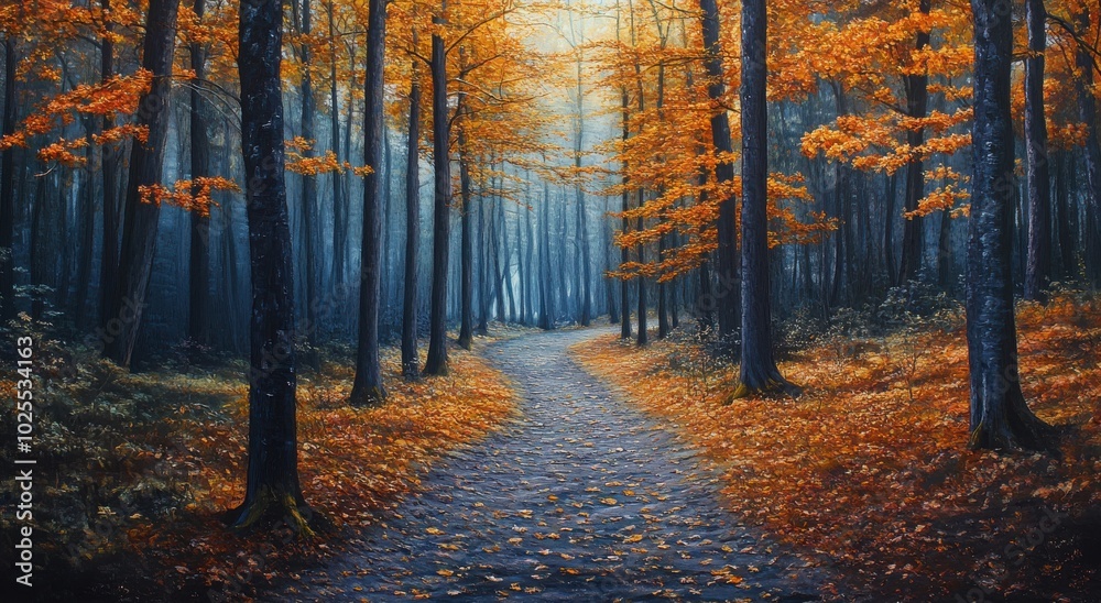 Fototapeta premium Enchanting autumn forest path lined with vibrant orange leaves under a serene, dappled sky.