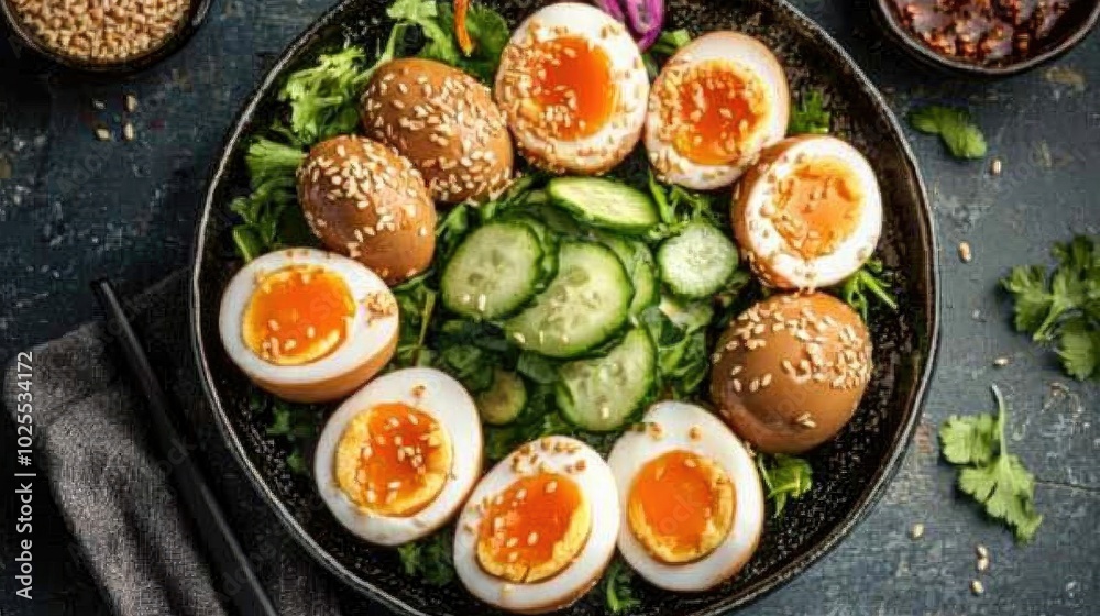 Delicious Soft Boiled Eggs on Fresh Veggie Salad Delicious Soft Boiled Eggs on Fresh Veggie Salad