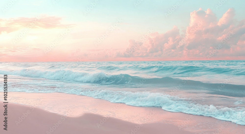 Serene ocean waves gently lap a pastel-colored beach under a dreamy sky at sunrise. Serene ocean waves gently lap a pastel-colored beach under a dreamy sky at sunrise.