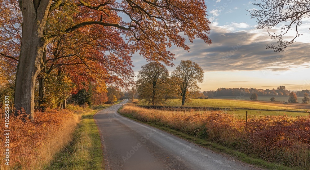 Scenic rural road winding through vibrant autumn landscape with colorful foliage and soft evening light.
