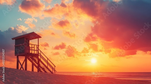 A lifeguard stand on a sandy beach at sunset with the sun shining through the clouds