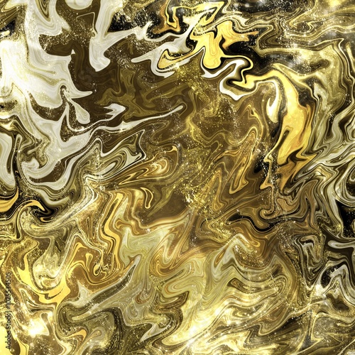 The gold, black, and white marble background shows a swirling glitter abstract pattern of gold and white, with shimmering effects, giving it a luxurious feel.