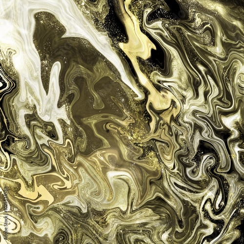 The gold, black, and white marble background shows a swirling glitter abstract pattern of gold and white, with shimmering effects, giving it a luxurious feel.