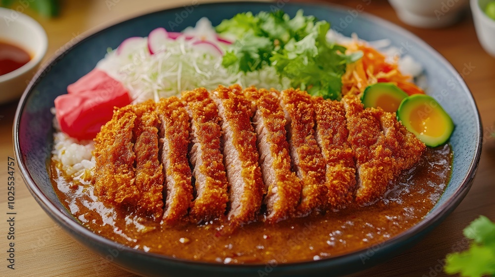 Crispy Fried Chicken Cutlet with Side Dishes and Sauce Crispy Fried Chicken Cutlet with Side Dishes and Sauce