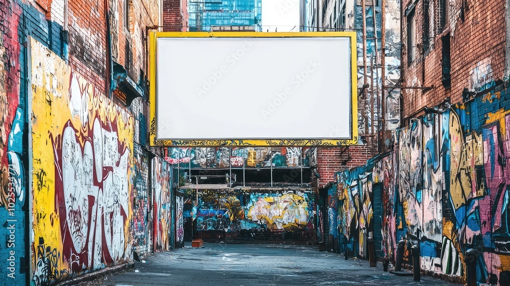 Fototapeta premium Vibrant Urban Alley with Blank Billboard Space