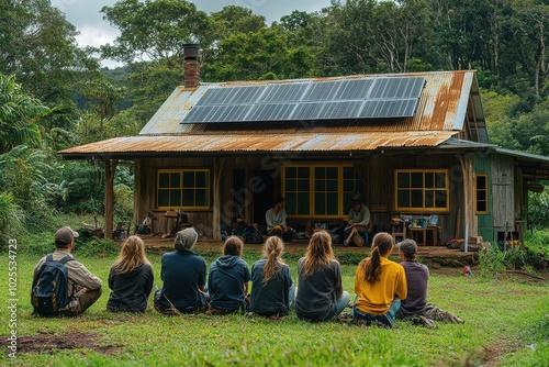 Rustic Off-Grid Cabin in Nature with Solar Panels and Outdoor Gathering photo