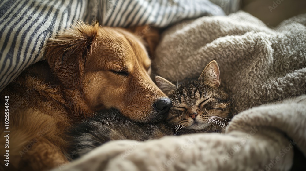Heartwarming Scene of Dog and Cat Snuggling Together Heartwarming Scene of Dog and Cat Snuggling Together
