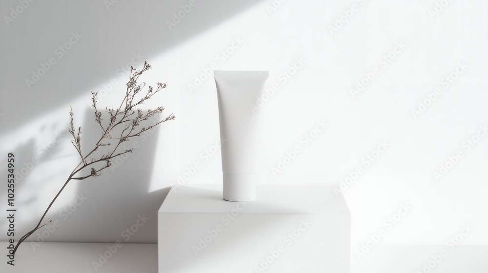 Empty cosmetic tube mockup on a white podium Empty cosmetic tube mockup on a white podium