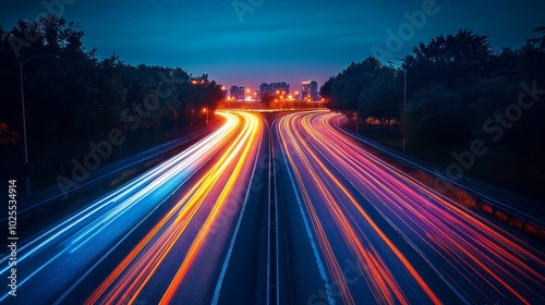 A long exposure shot of a highway at night with streaks of light from passing cars.