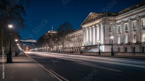 A long exposure shot of a street in front of a classic building at night, with streetlights illuminating the road.