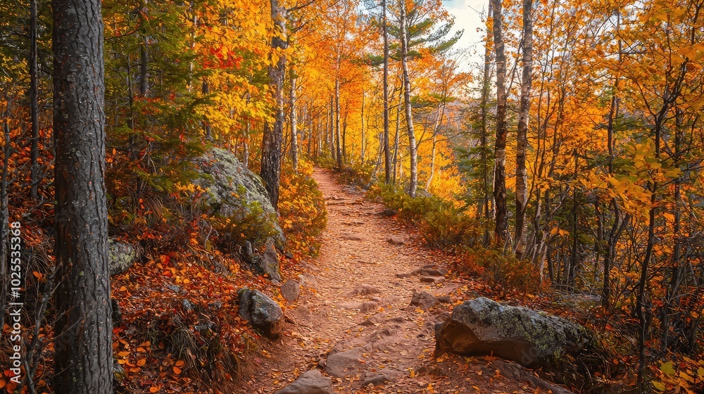 Scenic Hiking Trail Through Colorful Autumn Foliage Scenic Hiking Trail Through Colorful Autumn Foliage