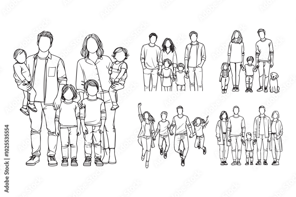 Illustration of a happy big family captured in line art style Illustration of a happy big family captured in line art style