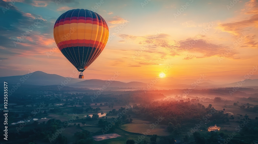 Obraz premium Hot Air Balloon Rising Above Scenic Landscape