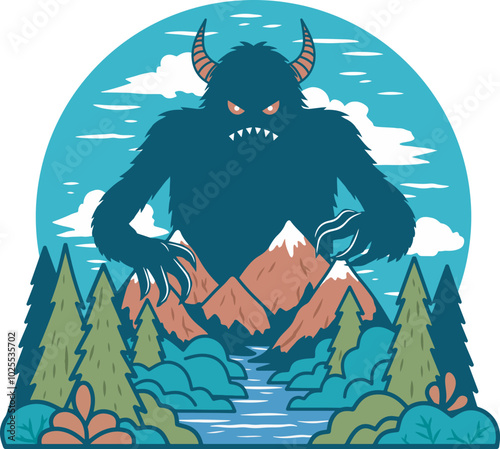Giant monster among mountain design art