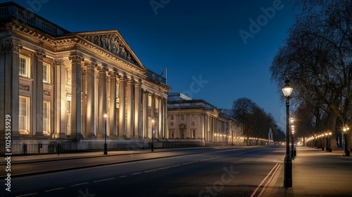 A long, empty street lined with classic buildings at night.