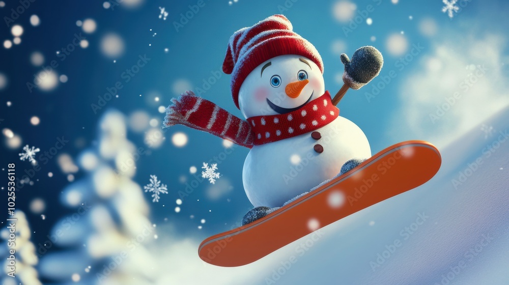 Fototapeta premium Cute snowman ski in snow field in mountain.