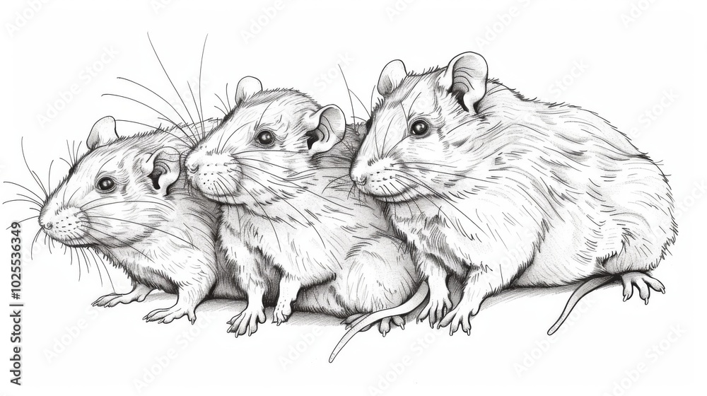 Illustrative Line Art of Three Adorable Rats