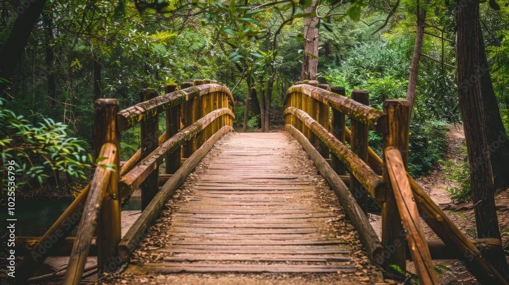 Obraz premium Wooden Bridge in a Lush Green Forest
