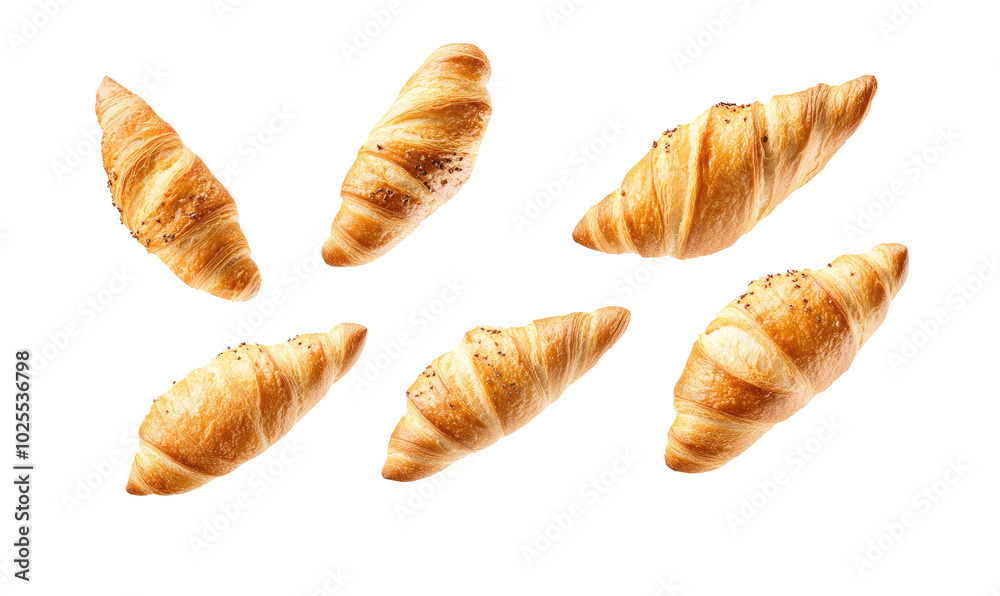 French baguette and croissant falling on transparent background French baguette and croissant falling on transparent background