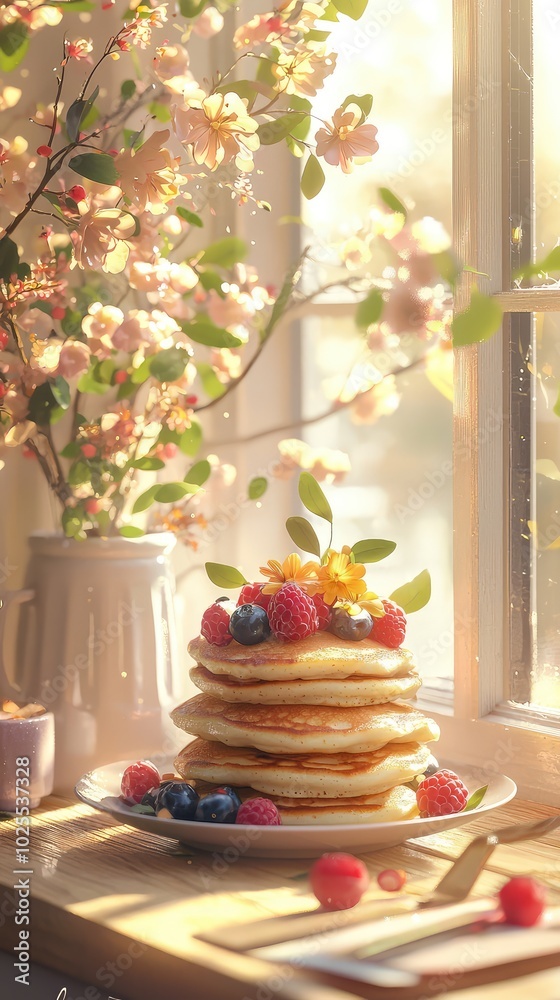 Naklejka premium Beautiful Breakfast Scene with Pancakes and Fresh Berries