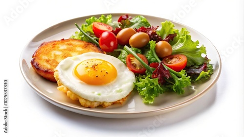 Delicious plate of egg hashbrown and salad on white background with copy space