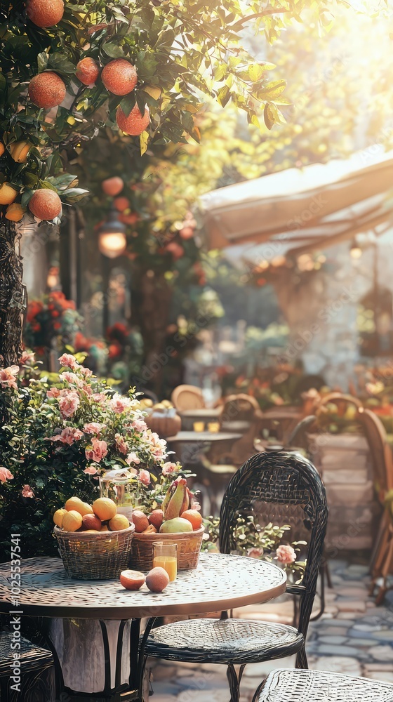 Obraz premium Charming Open-Air Cafe with Fresh Fruit and Flowers