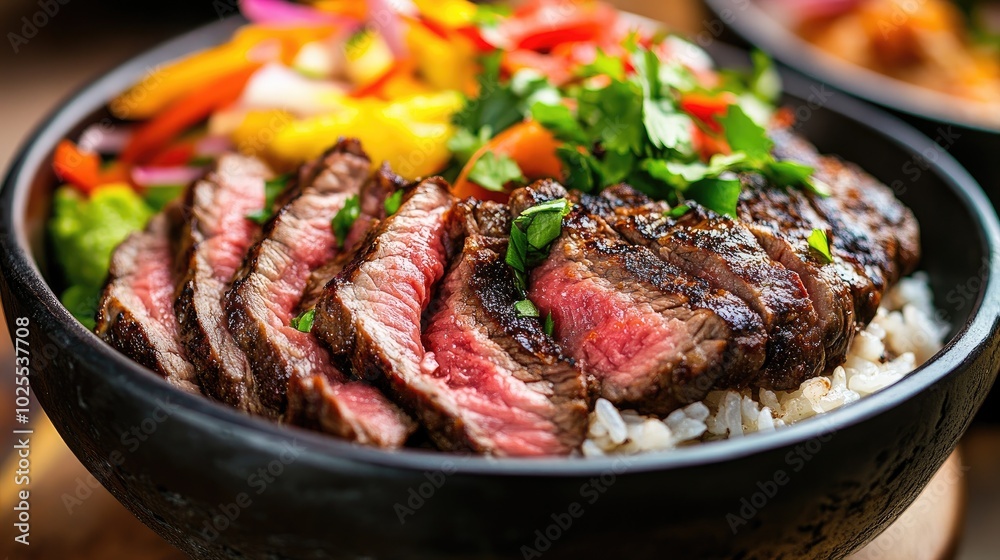 Juicy Grilled Steak Served Over Rice Bowl