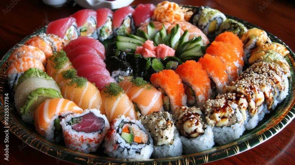 A large platter of assorted sushi rolls, including salmon, tuna, crab, and avocado. A large platter of assorted sushi rolls, including salmon, tuna, crab, and avocado.