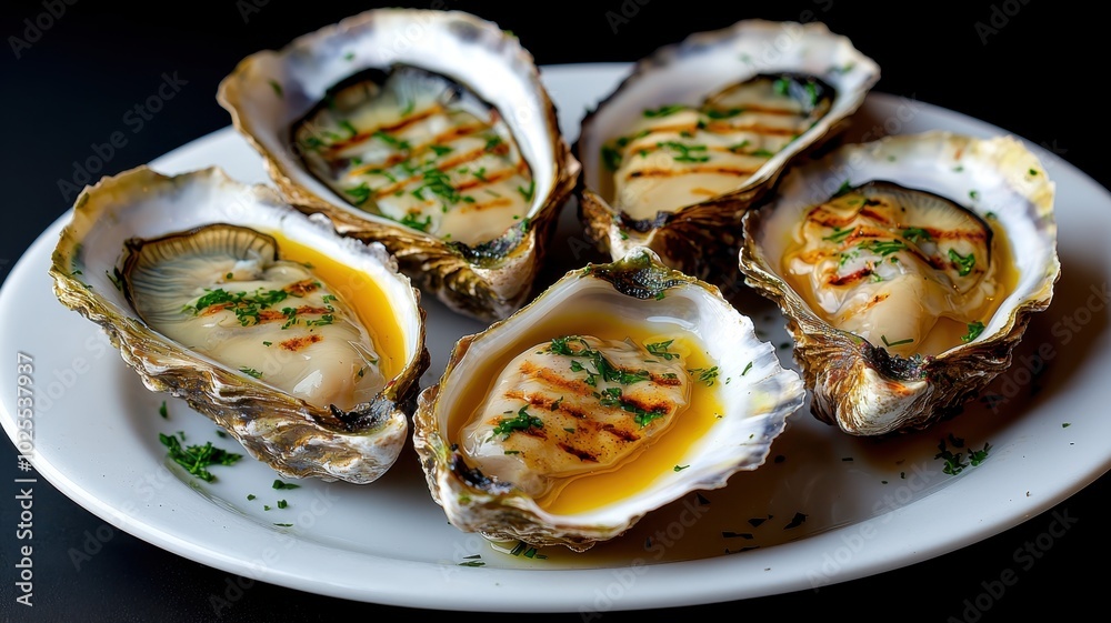 Grilled Oysters Served on a White Platter Grilled Oysters Served on a White Platter