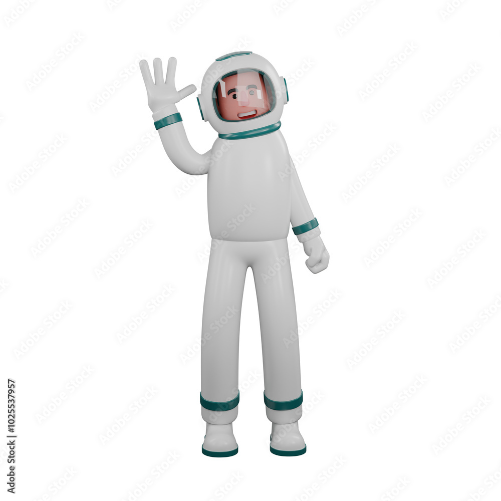 Space Astronaut Professional in 3D. A male astronaut stands with a greeting gesture with his left hand. Male Space Astronaut Professional in 3D. A male astronaut stands with a greeting gesture with his left hand. Male