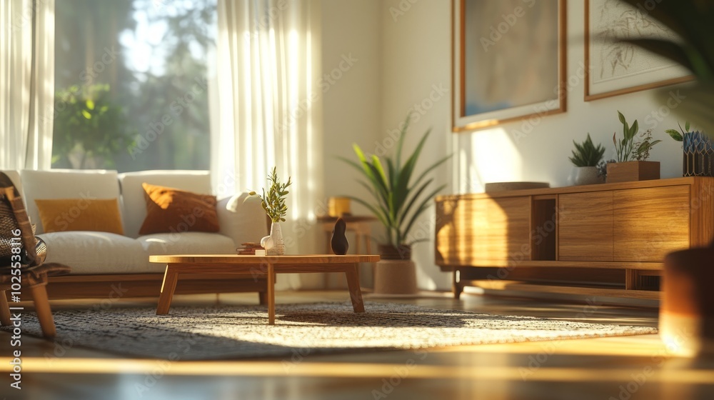 Fototapeta premium A modern living room with a white couch, wooden coffee table, and large windows.