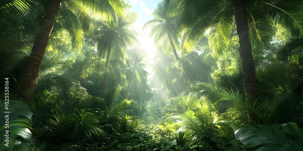 Sunlight streams through the dense canopy of a tropical rainforest, illuminating the lush green foliage. Sunlight streams through the dense canopy of a tropical rainforest, illuminating the lush green foliage.