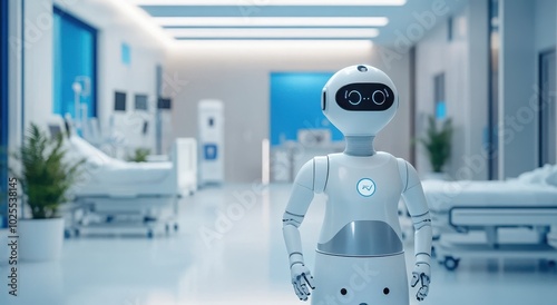 Friendly robot assistant in a modern hospital hallway, ready to help patients.