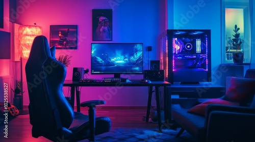 Game room interior with sleek modern lighting, powerful computers, and gaming consoles on display, ready for an intense esports session.