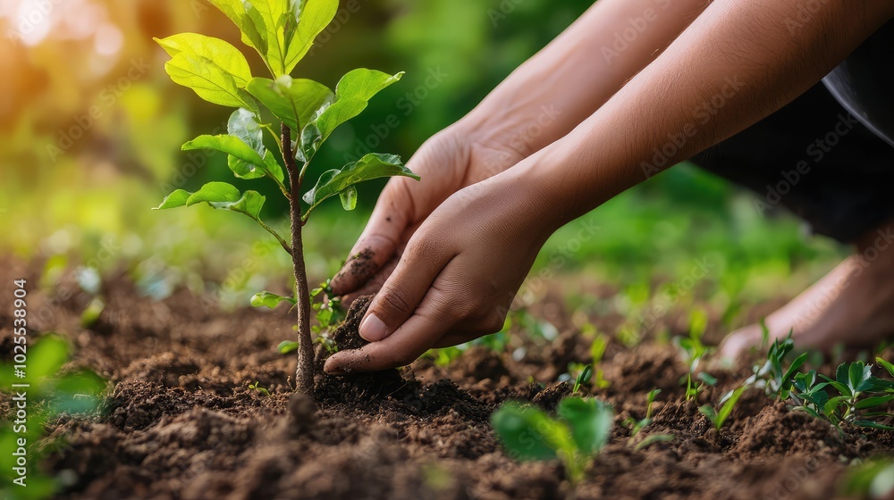 Person Planting Tree in Soil Representing Growth Person Planting Tree in Soil Representing Growth