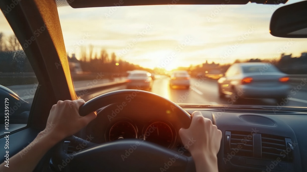 Fototapeta premium Hands of Car Driver on Steering Wheel - Sunny Day Road Trip on Highway for Automotive and Safety Campaigns, Transportation and Lifestyle Imagery, and Travel Themes