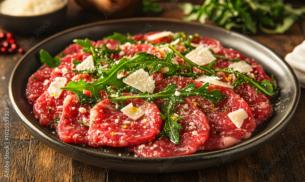 Beef carpaccio with olive oil, lemon, arugula, and shaved Parmesan Beef carpaccio with olive oil, lemon, arugula, and shaved Parmesan
