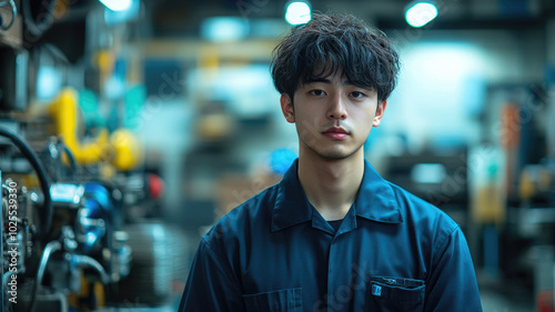 Confident Asian man in a workshop standing with folded arms in a serious pose