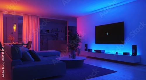 Modern living room with vibrant LED lighting and home theater setup.