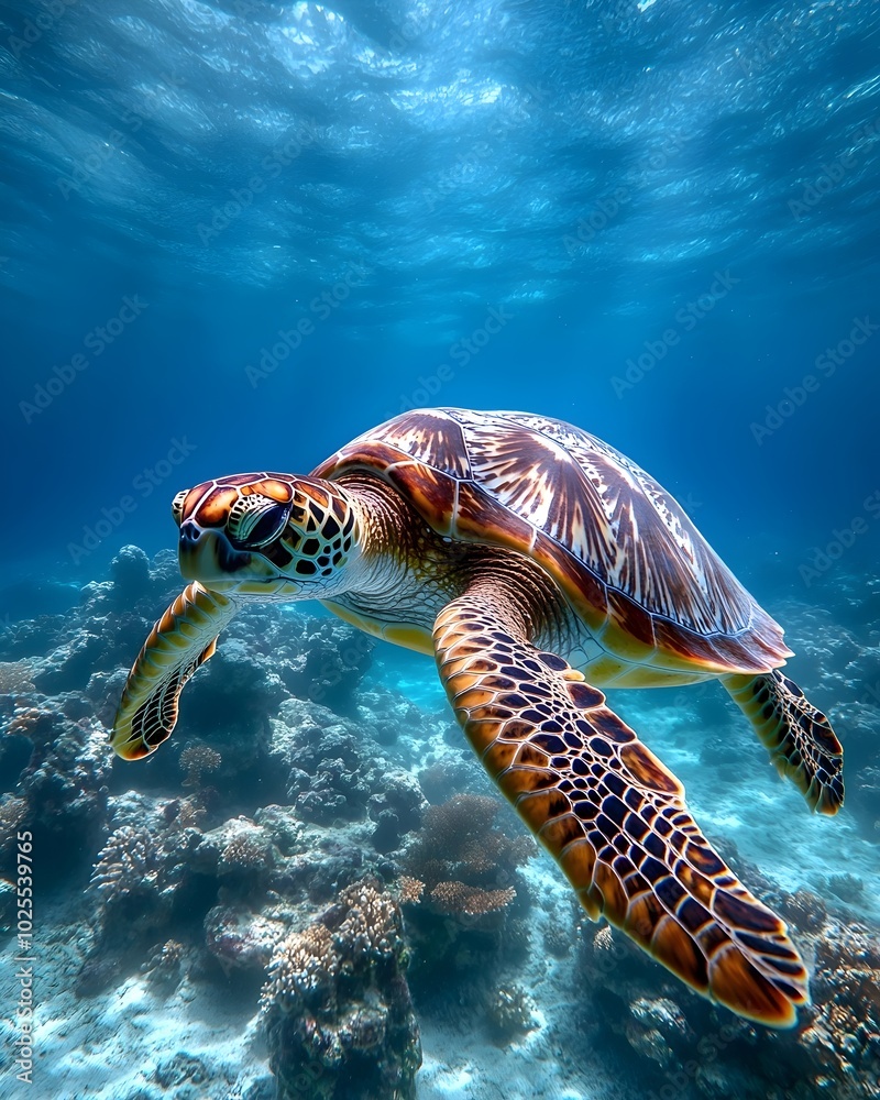 Obraz premium A sea turtle gracefully swims through crystal-clear turquoise waters, surrounded by vibrant coral reefs.