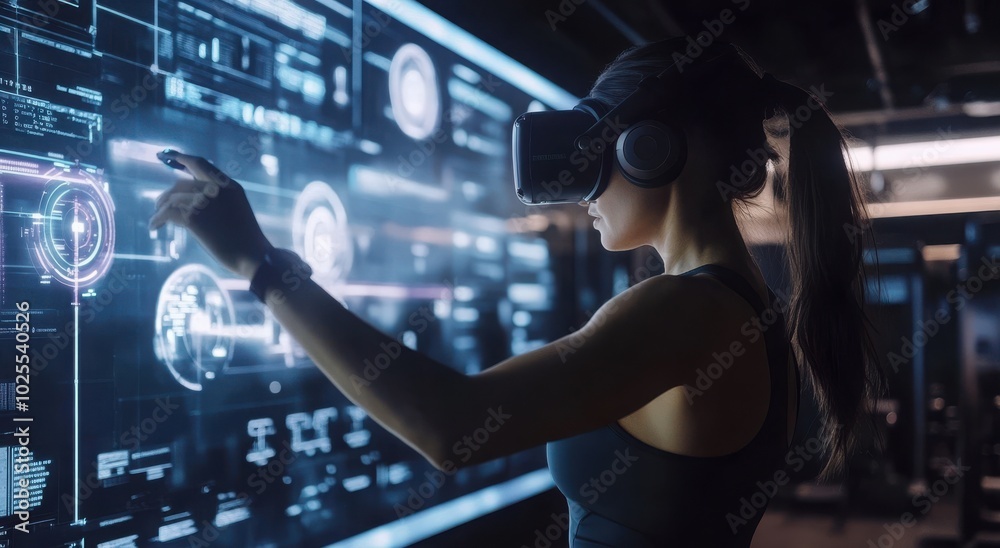 Young woman interacts with virtual reality interface in a futuristic tech setting, immersed in digital information.
