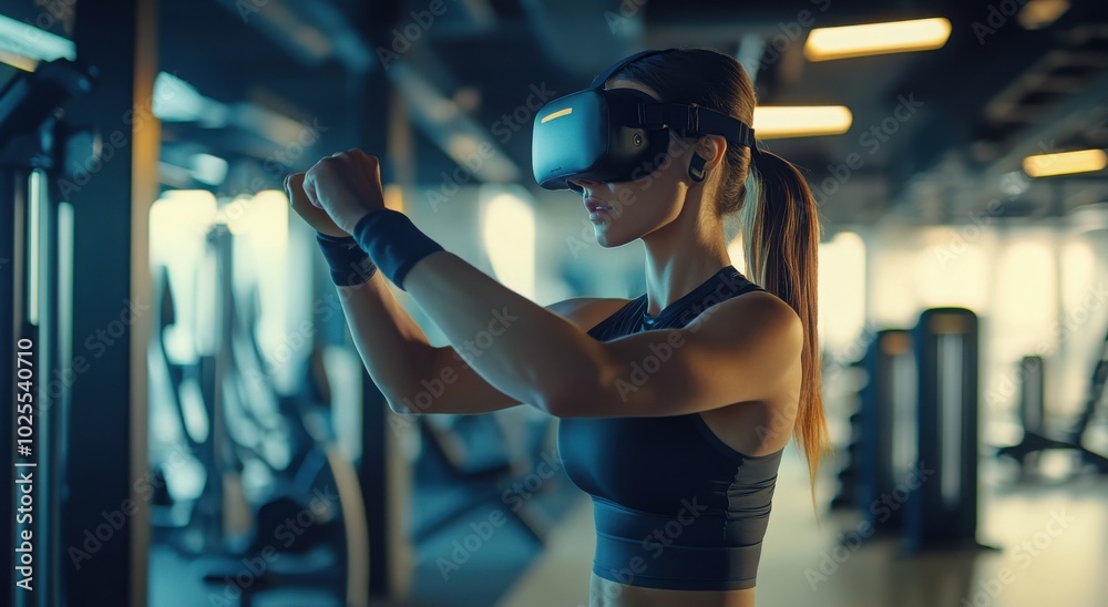 Athletic woman using VR headset for an immersive workout in a modern gym environment. Athletic woman using VR headset for an immersive workout in a modern gym environment.