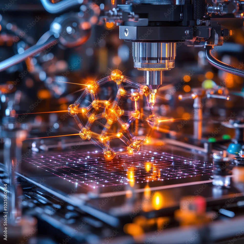 molecular structure is being built in 3D printer, showcasing intricate details and vibrant colors. advanced technology highlights fusion of science and innovation, creating captivating visual molecular structure is being built in 3D printer, showcasing intricate details and vibrant colors. advanced technology highlights fusion of science and innovation, creating captivating visual