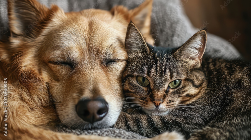Heartwarming Moment of Dog and Cat Snuggling Together Heartwarming Moment of Dog and Cat Snuggling Together
