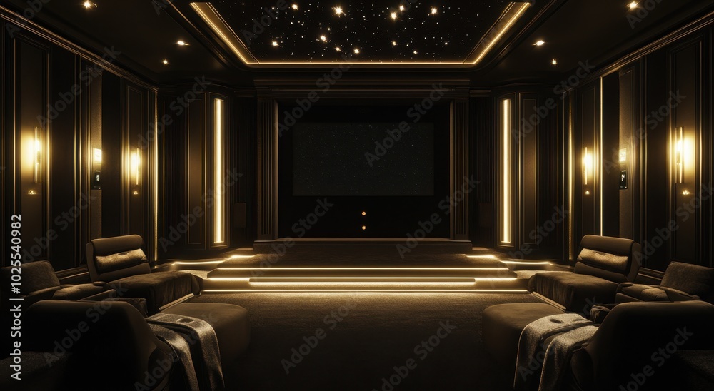 Fototapeta premium Luxurious home theater with plush seating and ambient lighting creating a cinematic atmosphere.